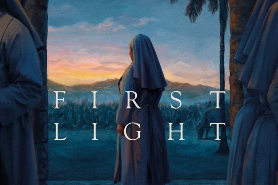 Desk to view and describe: 16:9 First Light image from Apple TV's Australian title page, possibly artwork with title text